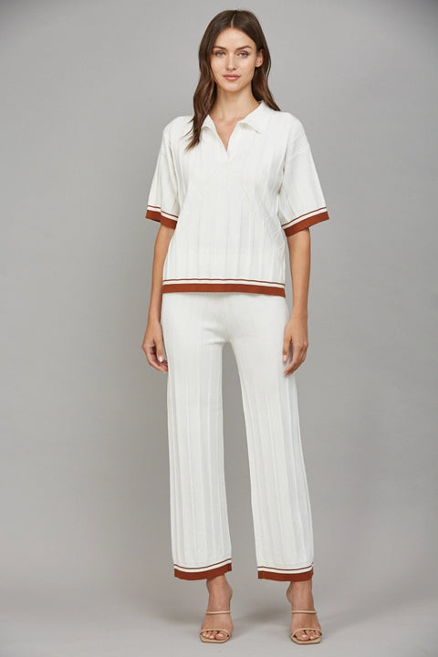 Contrast Color Trim Ribbed Knit Sweater Pants