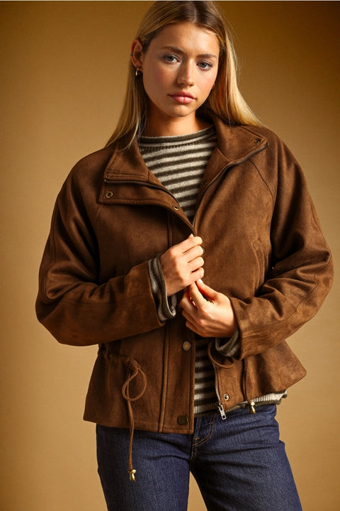 Suede Button Front High Collar Jacket