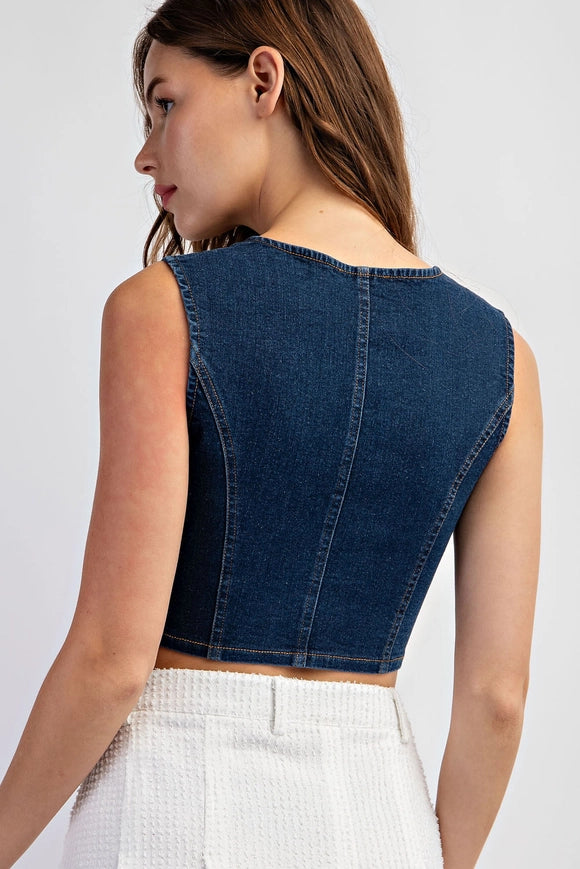 Stretch Denim Sleeveless Button Crop Top-Top-EDIT by NINE-Denim Blue-S-Urbanheer