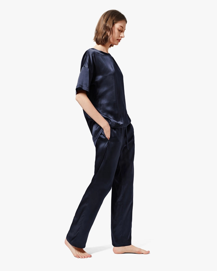 Sunday Morning Silk Pajamas Navy Blue-Pajamas-MommeSilk-XS-Urbanheer