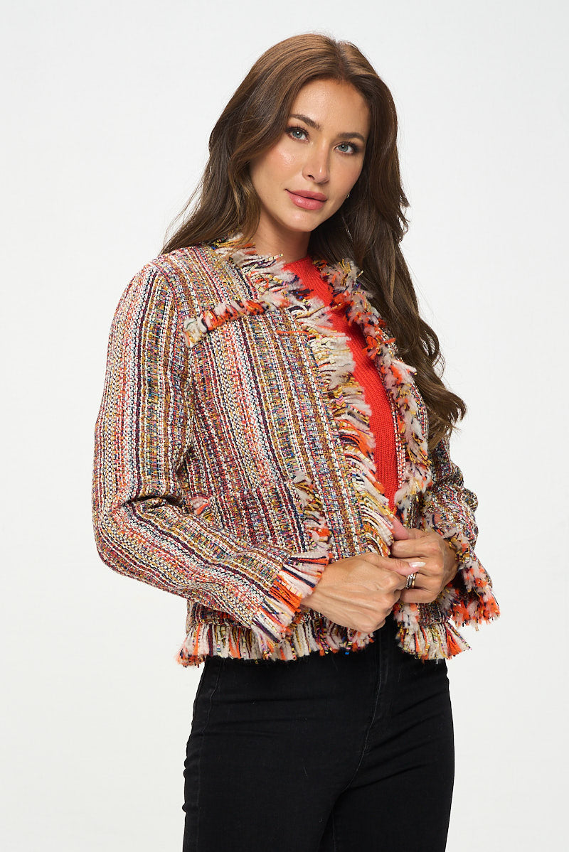 Multicolor Open Front Blazer Cardigan With Frayed Hem-Renee C.-S-Urbanheer