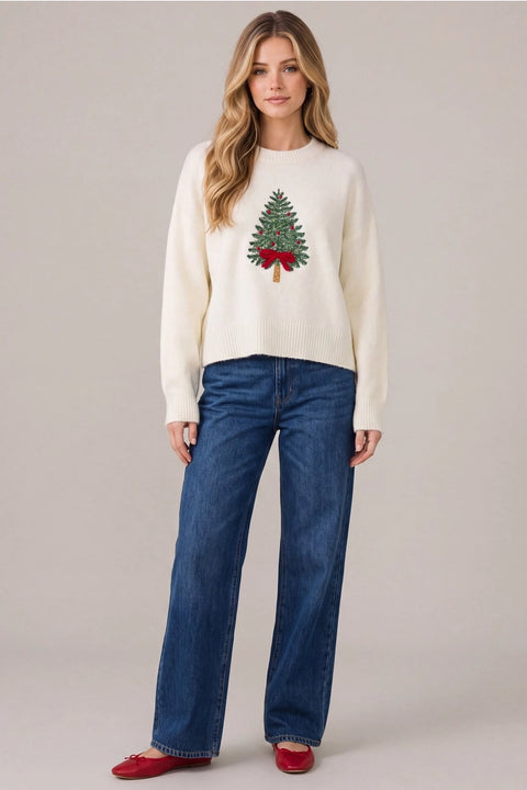Chritmas Tree Embroidery Sweater Top