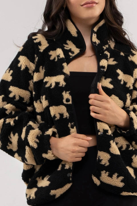 Bear Print Button Up Fleece-Blu Pepper-S-Urbanheer