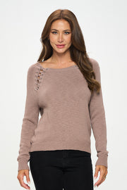 Round Neck Long Sleeve Sweater With Braid Detail-Renee C.-S-Urbanheer