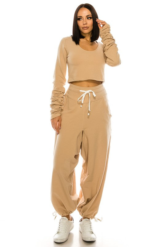 High Waisted Baggy French Terry Pants Beige-Pants-LABIJOU-S-Urbanheer