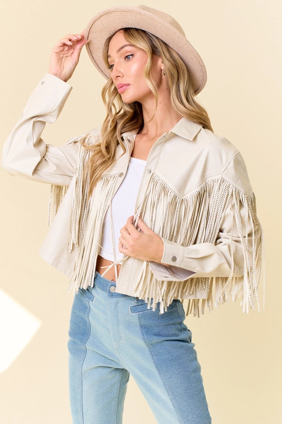 Cream Pu Silver Studded Fringe Button Down Jacket-Jacket-Saints & Hearts-S-Urbanheer