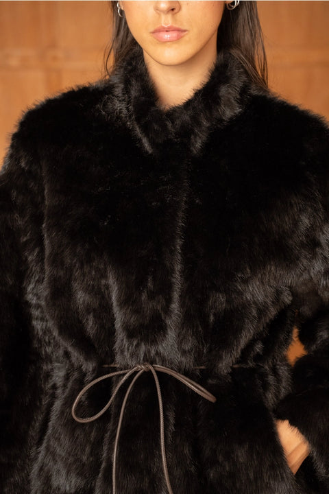 Mid-Length Belted Jacket with A High Faux-Fur Collar