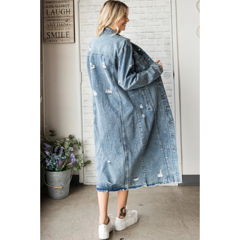 Long Sleeve Destroyed Denim Long Jacket-Jacket-Pink Irene Wholesale-S-Urbanheer