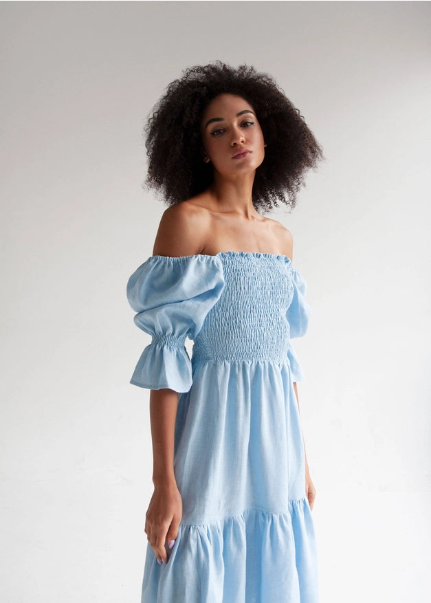 "Camila" Sky Blue Midi Dress-Dress-Nich Linen-Urbanheer