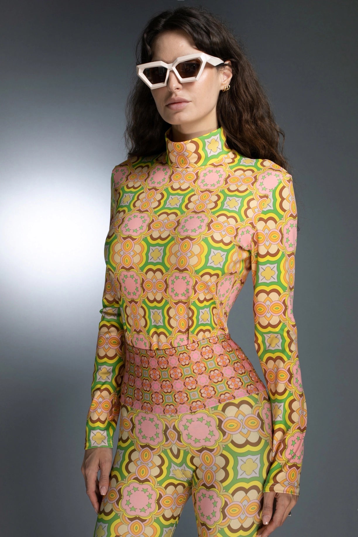 Turtleneck Long Sleeve 60'S Pastel Pink Retro Print Bodysuit-Nuvula-S-Urbanheer