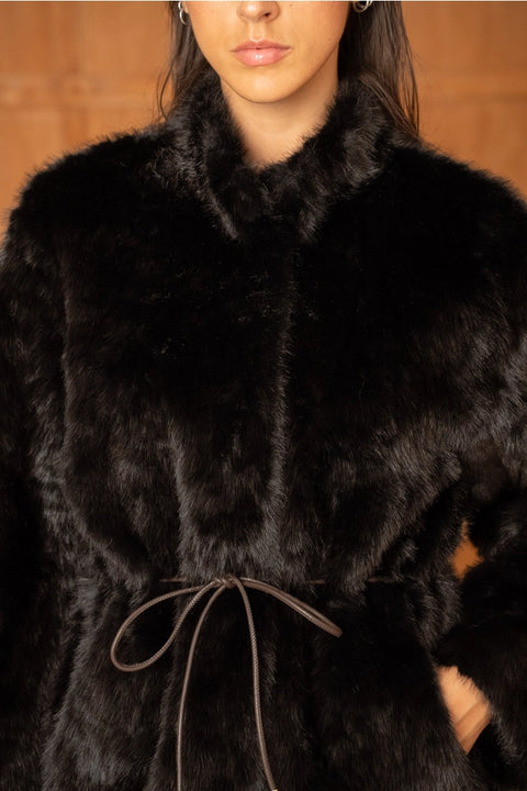 Mid-Length Belted Jacket with A High Faux-Fur Collar