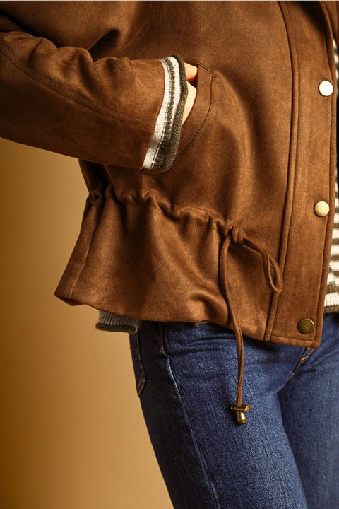 Suede Button Front High Collar Jacket