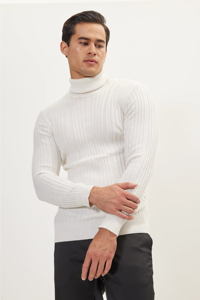 Roll Neck Ribbed Sweater - White-Clothing - Men-Ron Tomson-Urbanheer