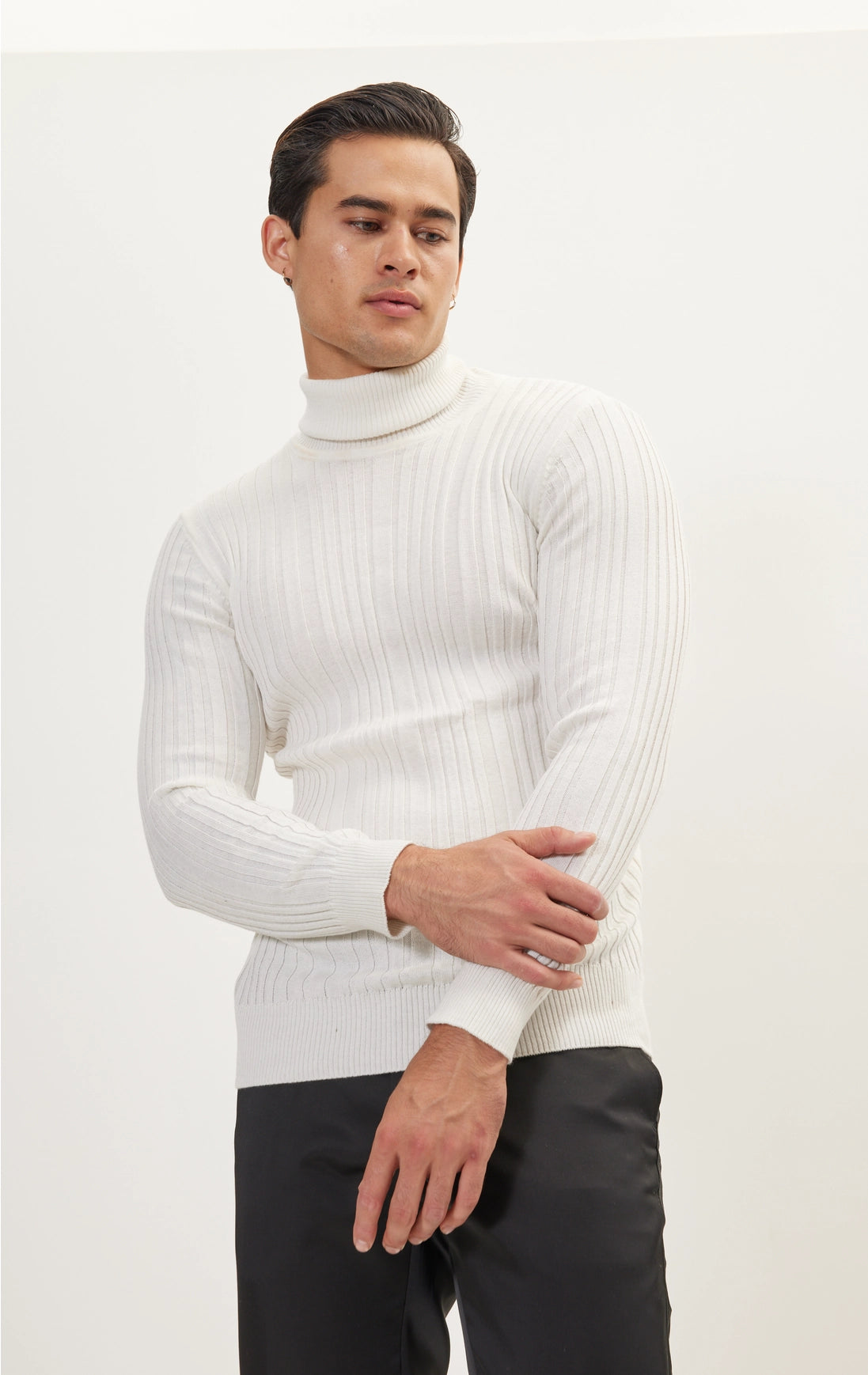Roll Neck Ribbed Sweater - White