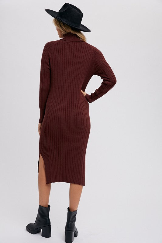 Turtleneck Ribbed Sweater Midi Dress Chocolate-Dress-Pink Irene Wholesale-S-Urbanheer