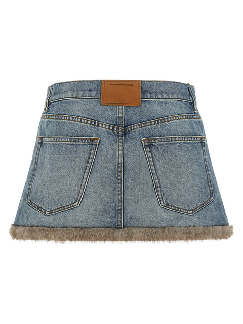 Denim X Alexander Wang Denim Skirt With Fur Hem