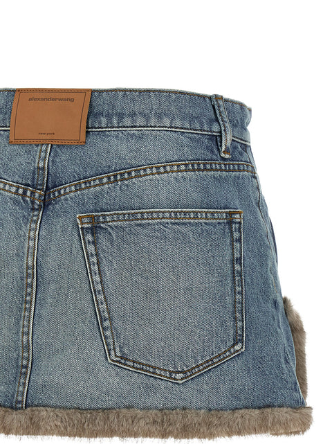Denim X Alexander Wang Denim Skirt With Fur Hem