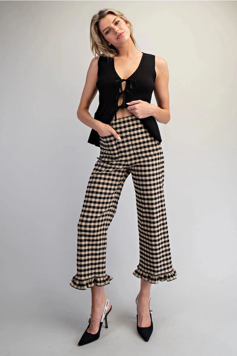 Gingham Ruffle Trim Straight Leg Pants
