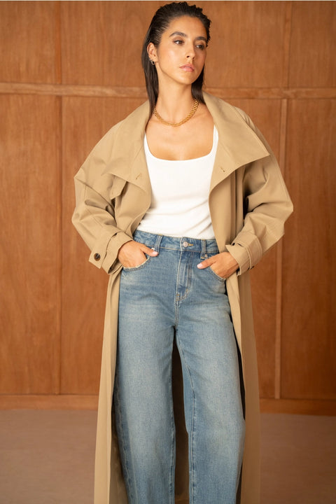 Utility Oversized Long Belted Trench with Stand-Up Collar