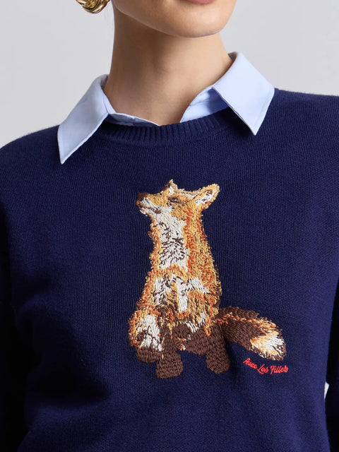 Embroidered Fox Crew Neck Sweater