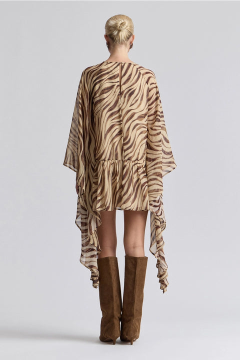 Waterfall Sleeve Zebra Print Crinkle Georgette Mini Dress