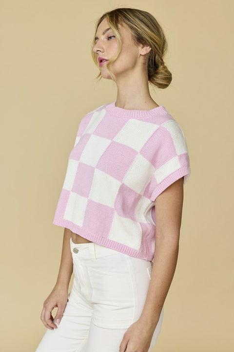 Hannah Loose Fit Checker Knit Top Pink-TOP-Papermoon-Pink-S-Urbanheer