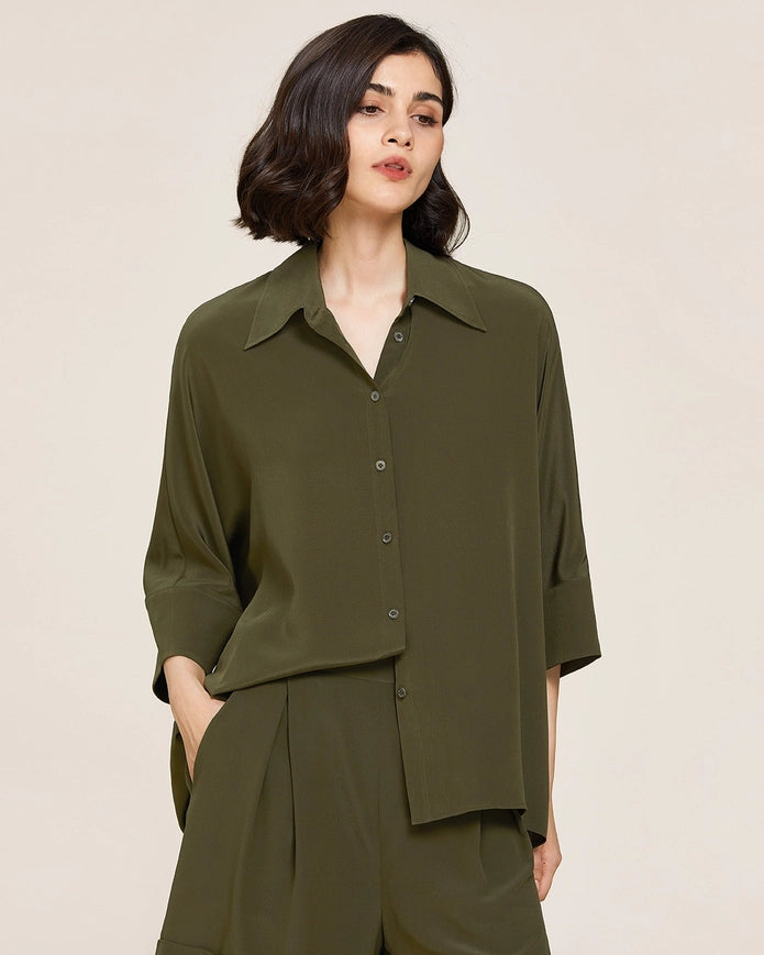 Weekend Oversize Silk Blouse Olive Green-BLOUSE-MommeSilk-XS-Urbanheer