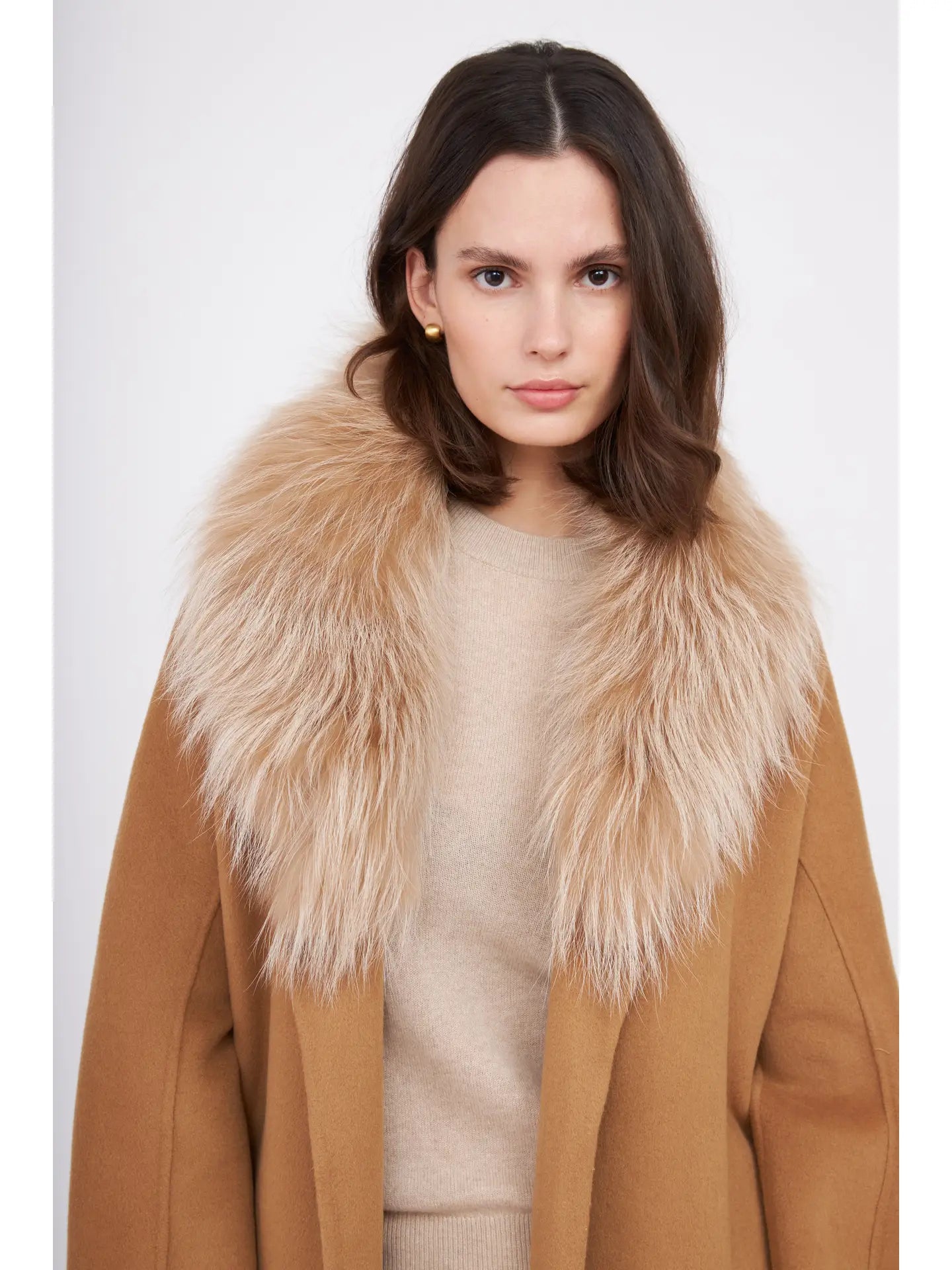 Fur Shawl Collar Cashmere Coat Camel