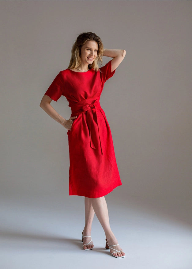 Wrap Linen Tie Belt Red Dress For Women Long With Pockets-Dress-Nich Linen-XXS-Urbanheer