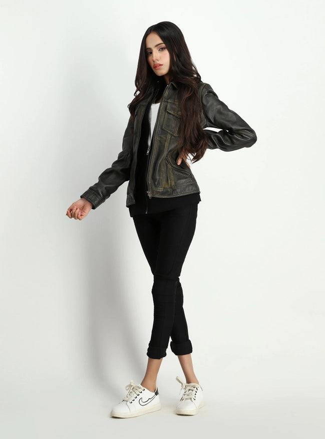 Womens Adalena Dual Tone Rustic Leather Jacket-Jacket-Fadcloset-Black-XS-Urbanheer