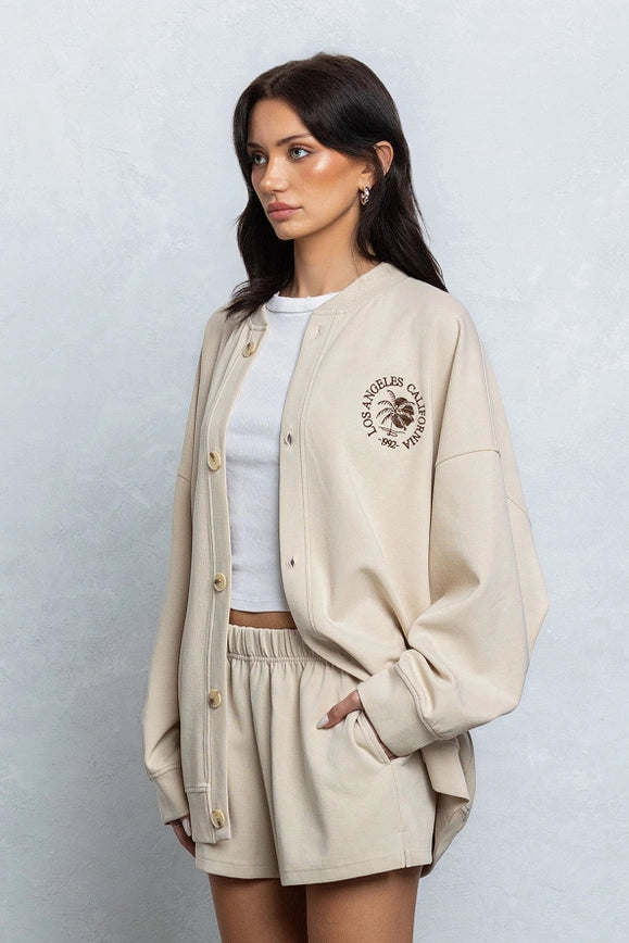 Embroidered Oversize Cardigan and Shorts Set Tan-Sets-No Vacancy-S-Urbanheer