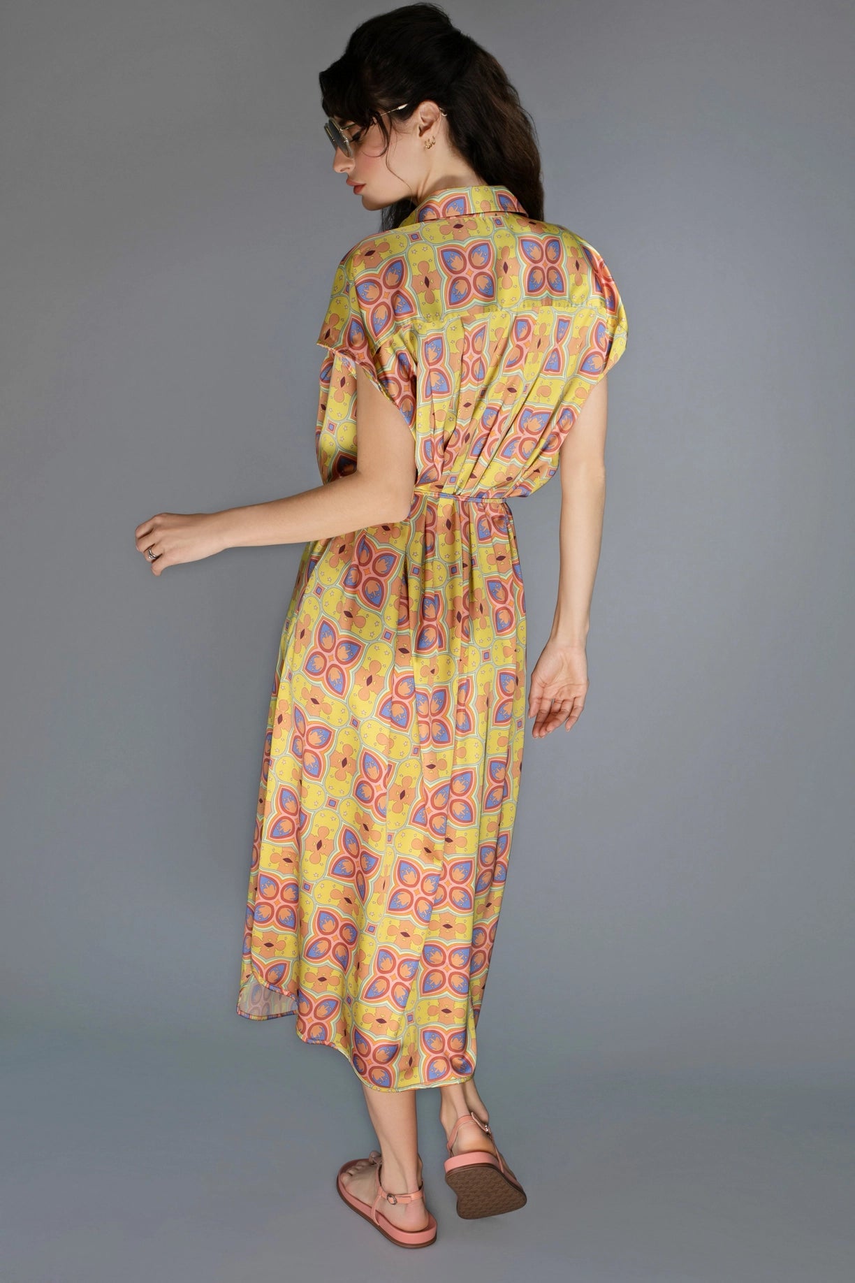 Relaxed Fit Gold Mescaline Satin Spread Collar Women'S Dress-Nuvula-XS-Urbanheer