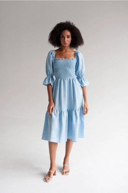 "Camila" Sky Blue Midi Dress-Dress-Nich Linen-Urbanheer
