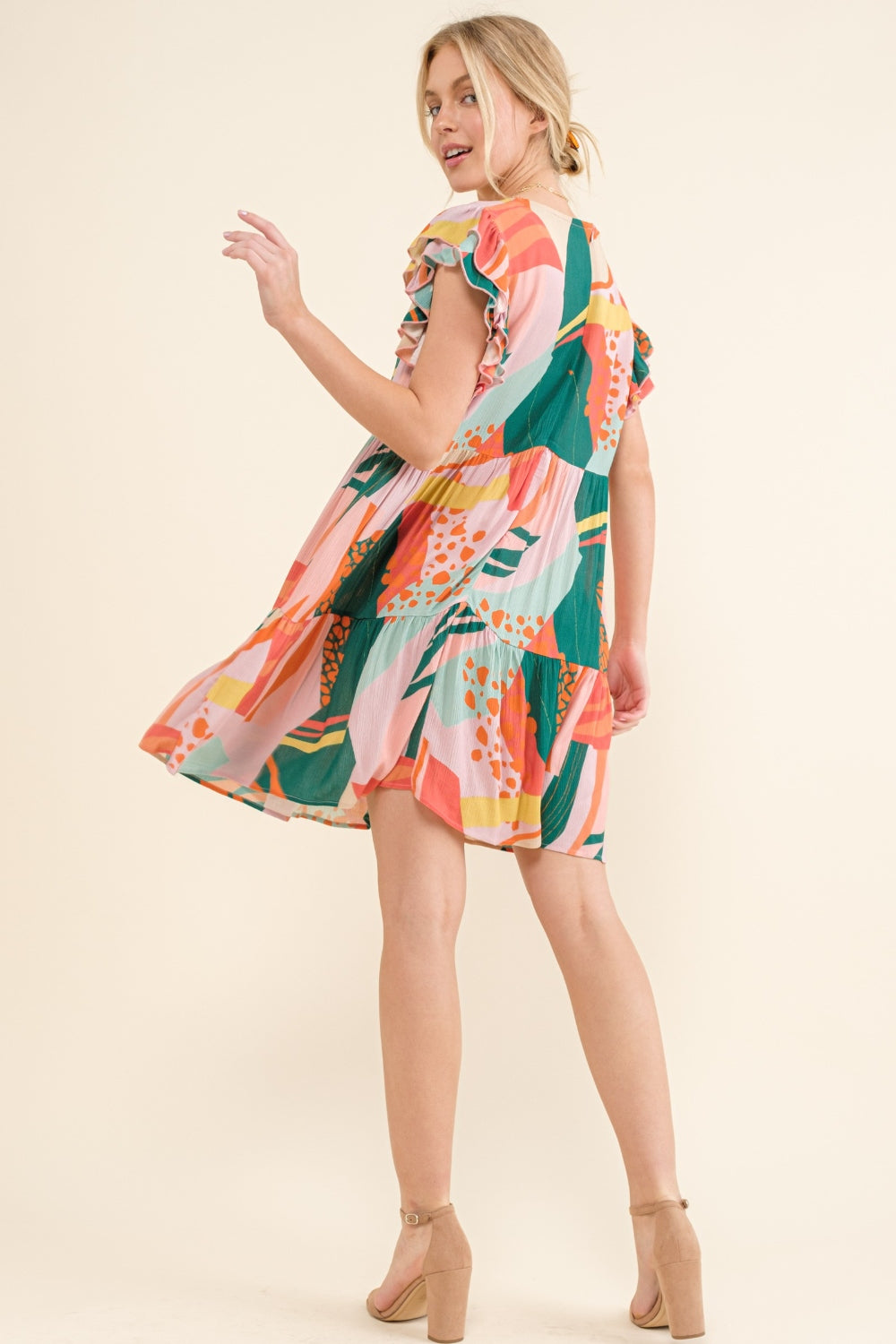And The Why Printed Double Ruffle Sleeve Dress-Street 360-GREENERY-S-Urbanheer
