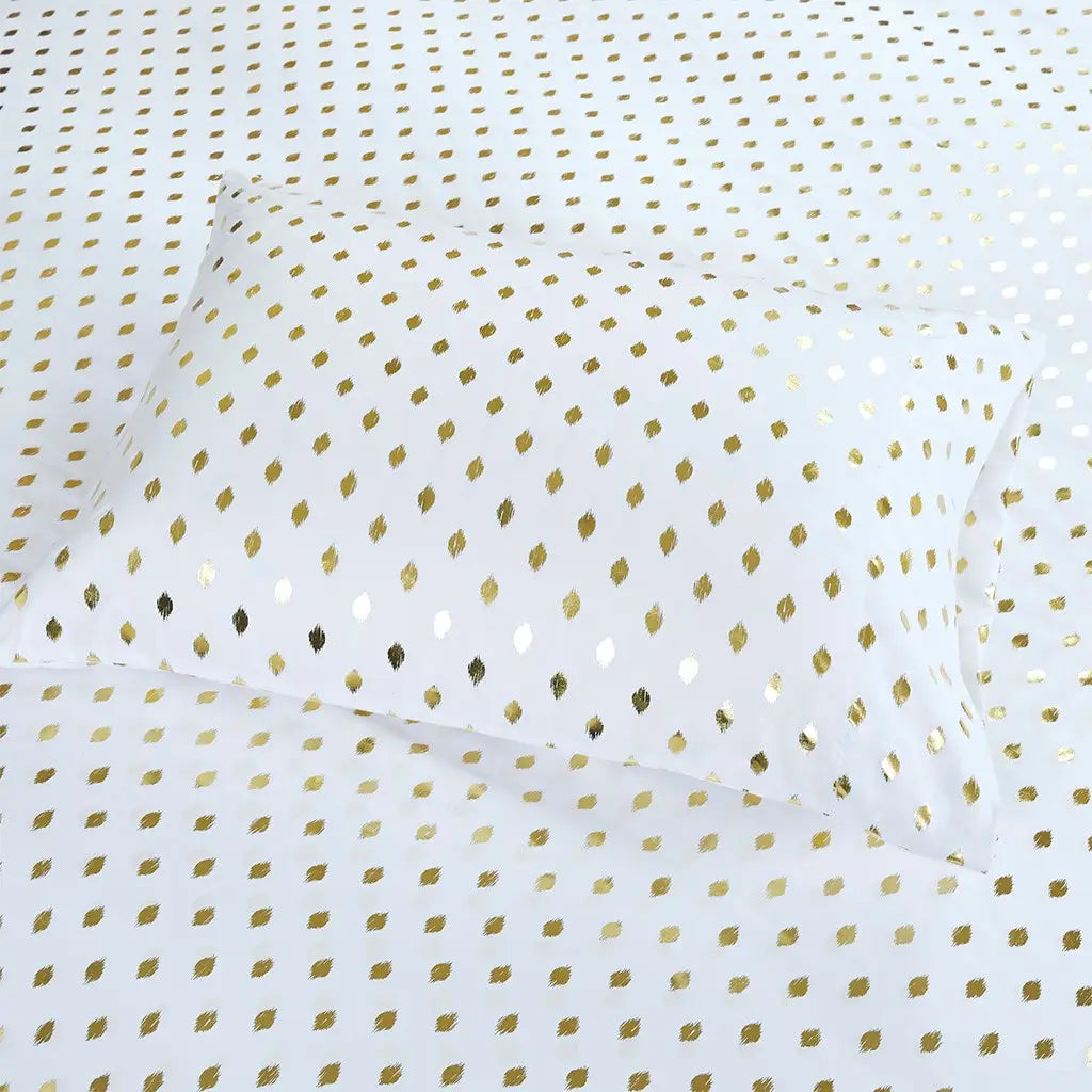 Metallic Dot 4-Piece Sheet Set, White/Gold-Olliix-Twin-Urbanheer