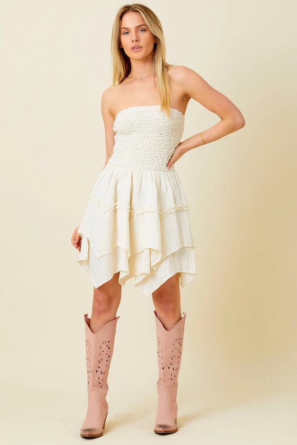 Smocking Bodice Mini Dress CREAM-Dress-Baevely by Wellmade USA-Urbanheer