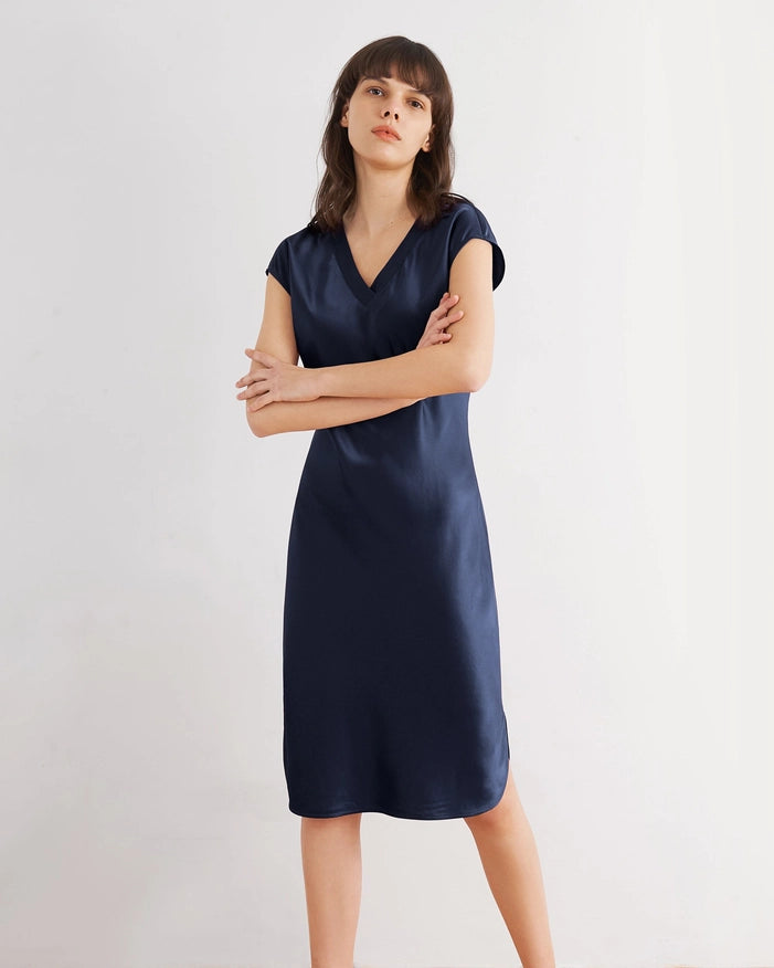 Relaxed Fit Night Gown Navy Blue-Night Gown-MommeSilk-XS-Urbanheer