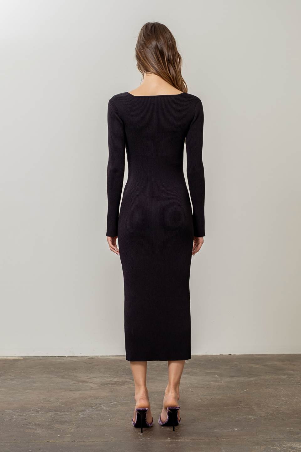 Ribbed Sweater Midi Dress-Moon River-Black-S-Urbanheer