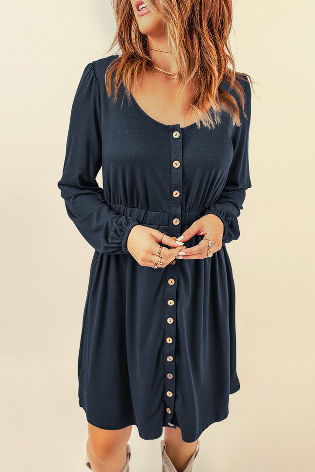 Button Down Long Sleeve Dress With Pockets-UHX-Dark Navy-S-Urbanheer