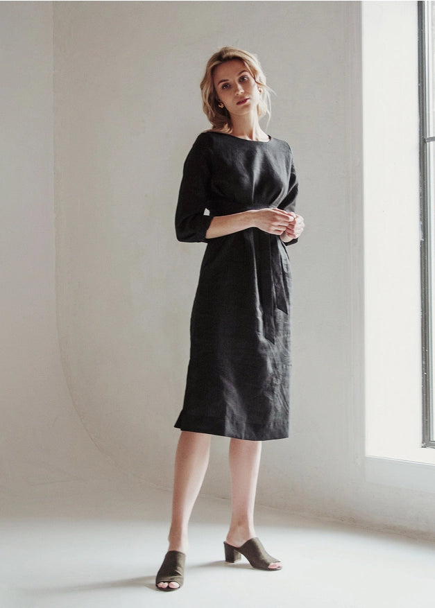 Black Classic Wrap Linen Dress For Women Midi