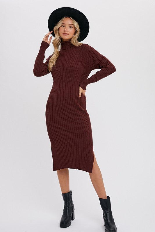 Turtleneck Ribbed Sweater Midi Dress Chocolate-Dress-Pink Irene Wholesale-S-Urbanheer