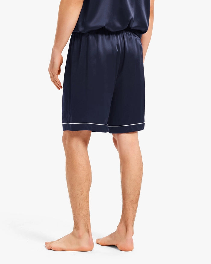 Piped Silk Short Pajamas Navy Blue-Sets-MommeSilk-XS-Urbanheer