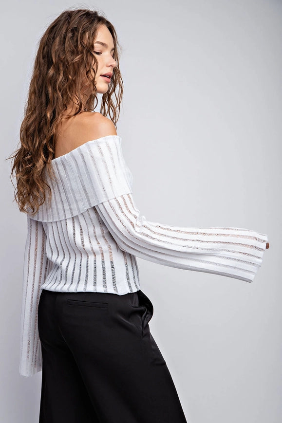 Sheer Knit Off Shoulder Flared Sleeves Top White-Top-EDIT by NINE-S-Urbanheer