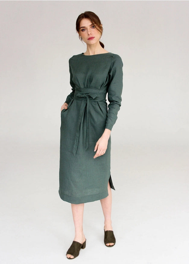 Moss Green Wrap Linen Belted Bridesmaid Dress For Women Long