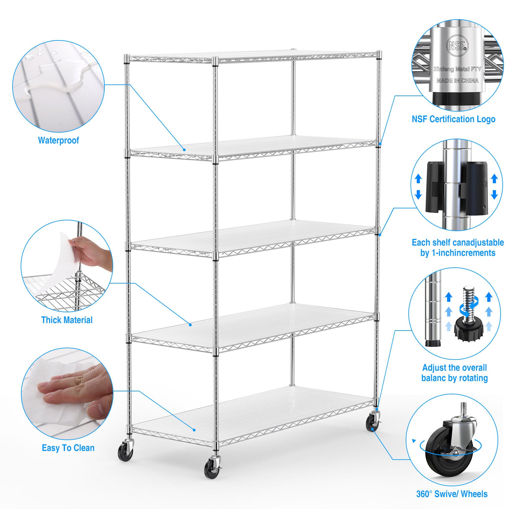 5 Tier 6000lbs Heavy Duty Adjustable Storage Rack Metal Shelf Wire Shelving Unit with Wheels & Shelf-UH Decor-Default-Urbanheer