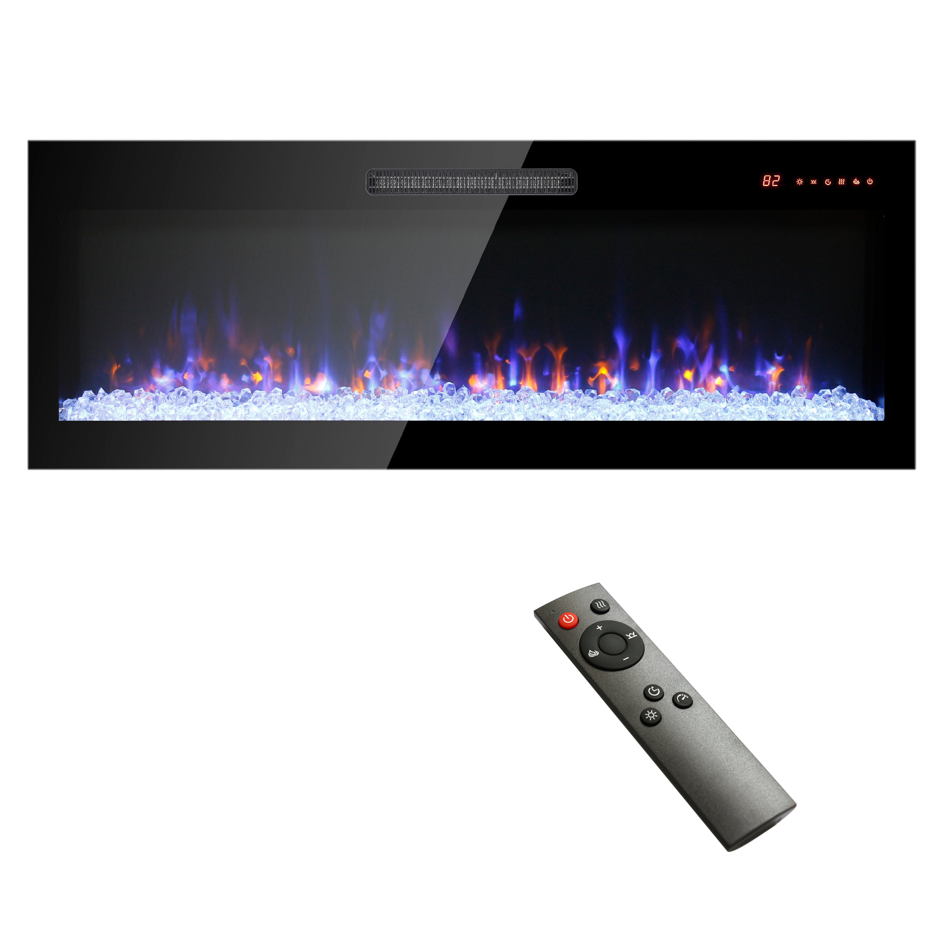 50 inch recessed ultra thin tempered glass front wall mounted electric fireplace with remote and multi color flame & emberbed, LED light heater