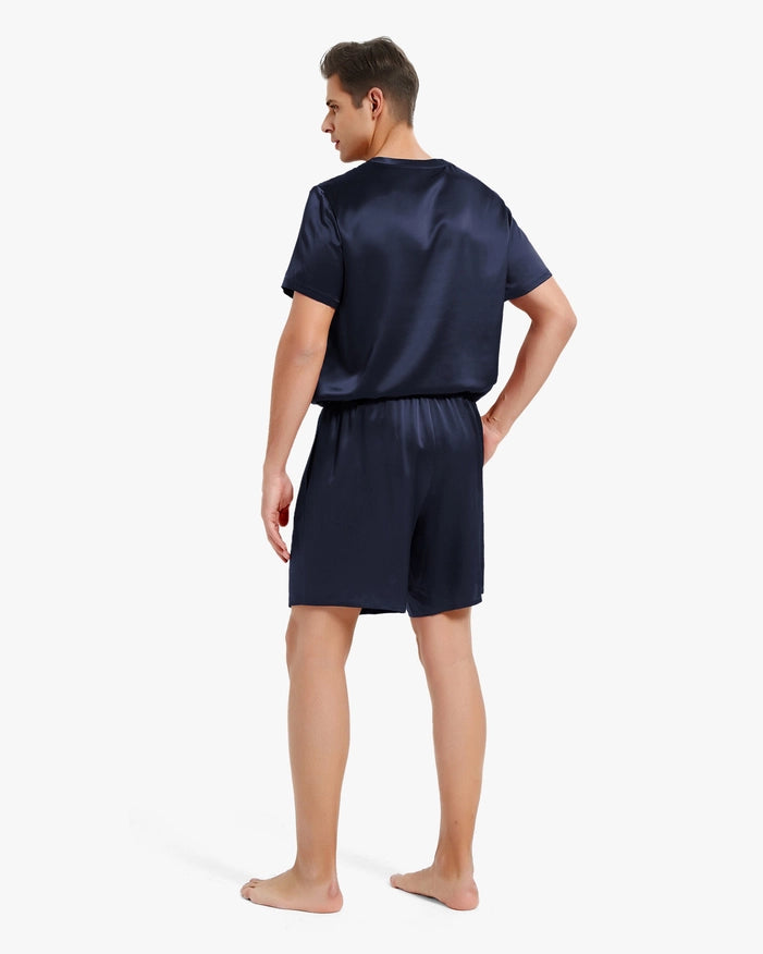 His & Hers Casual Silk Pajamas Navy Blue-Pajamas-MommeSilk-XS-Men's-Urbanheer