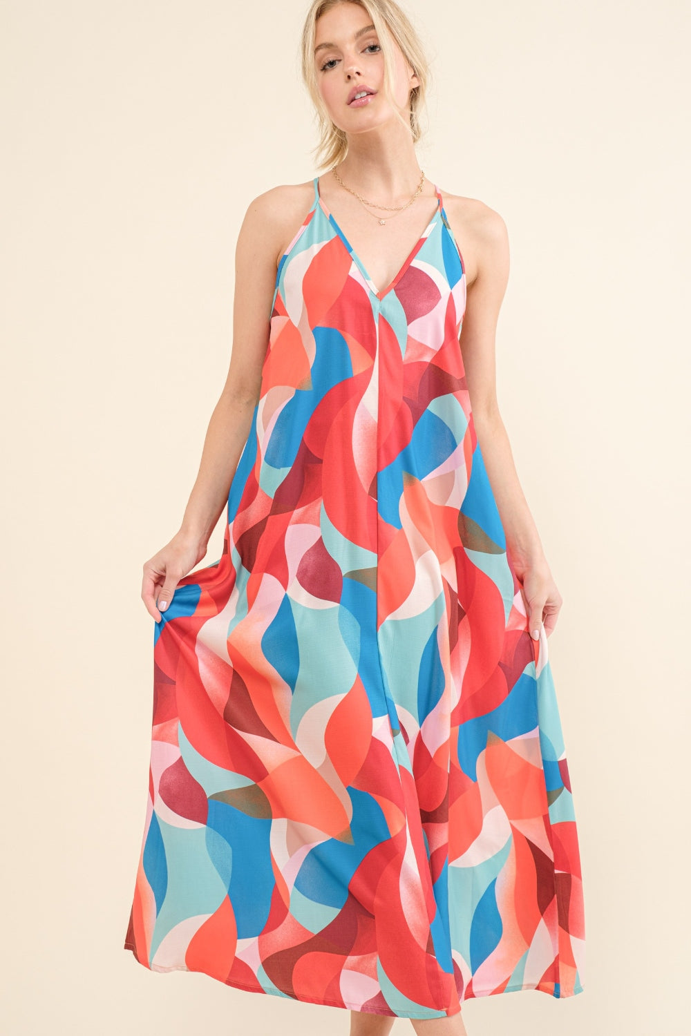 And The Why Printed Crisscross Back Cami Dress-Street 360-Blue Multi-S-Urbanheer