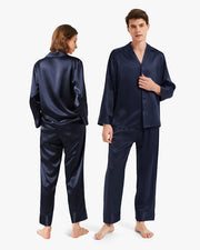 His & Hers Classic Silk Pajamas Navy Blue-Pajamas-MommeSilk-XS-Men's-Urbanheer