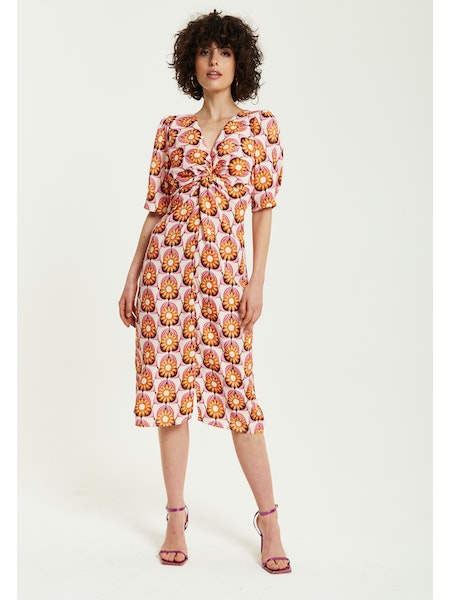 Liquorish Orange Floral Knot Front Midi Dress-Liquorish-6-Urbanheer